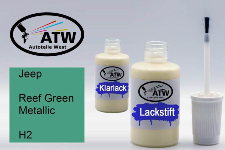 Jeep, Reef Green Metallic, H2: 20ml Lackstift + 20ml Klarlack - Set, von ATW Autoteile West.